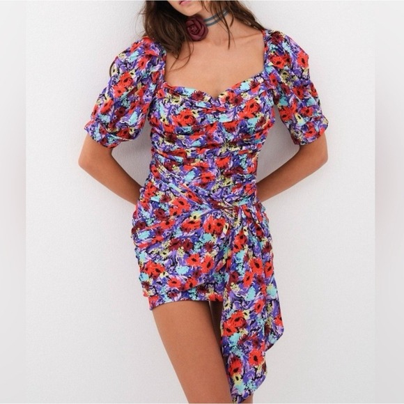 For Love & Lemons Dresses & Skirts - For Love And‎ Lemons Red Purple Floral Satin Chiara Puff Sleeve Mini Dress Sz M